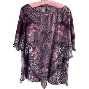 AVENUE Size 18/20 Blouse Burgundy Overlay Embellished Asymmetrical Hemline Plum